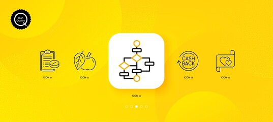 Fototapeta na wymiar Love letter, Cashback and Medical prescription minimal line icons. Yellow abstract background. Block diagram, Apple icons. For web, application, printing. Vector