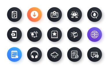 Minimal set of Bell, Checked calculation and Teamwork question flat icons for web development. Headphones, Checklist, Internet report icons. Cloud computing, Phone payment. Vector