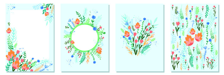 wild flower watercolor set of celebration cards for marriage, engagement, valentine, birthday with tender colors and light blue background - flat hand drawn vector illustration
