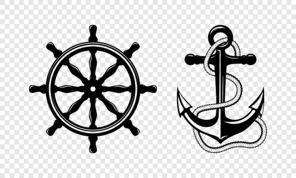 Vector Hand drawn Anchor and Ships Helm Icon Set Isolated. Design Template for Tattoos, Tshirt, Logo, Labels. Anchor with Rope and Steering Wheel. Antique Vintage Marine Symbols