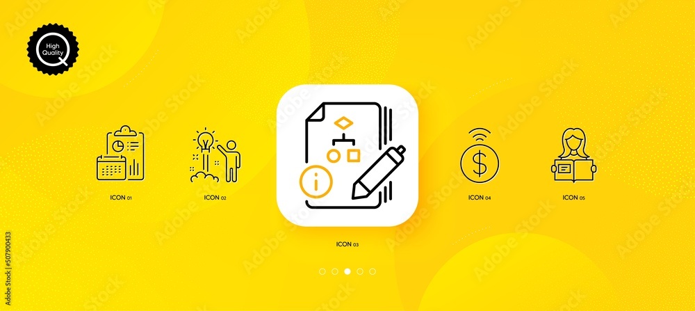 Poster algorithm, woman read and creative idea minimal line icons. yellow abstract background. contactless 