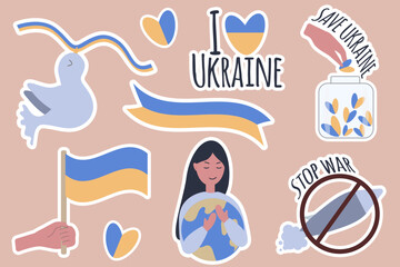 Sticker set on the theme of Ukraine. No war. Pray for peace. Save Ukraine. Ukraine. Stand with Ukraine.
