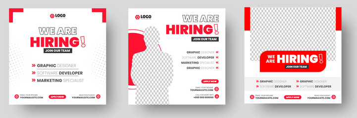 We are hiring job vacancy social media post banner design template with red color. We are hiring job vacancy square web banner design.