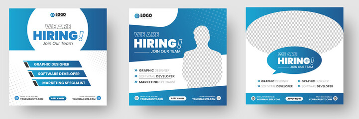 We are hiring job vacancy social media post banner design template with blue color. We are hiring job vacancy square web banner design.