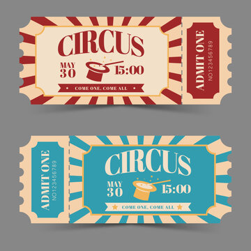 Circus tickets. Amazing show. Retro ticket Accept one coupon. Vector illustration.