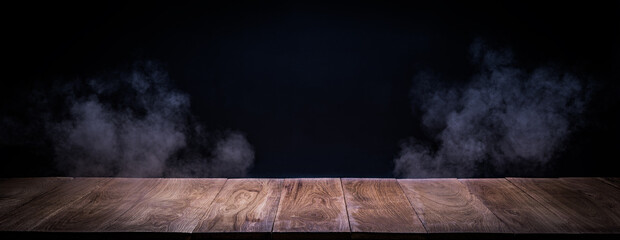 Oak wood planks platform, podium or table with smoke in the dark