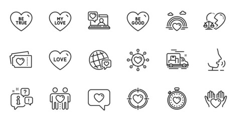 Outline set of Be good, Friends couple and Valentine target line icons for web application. Talk, information, delivery truck outline icon. Include Divorce lawyer, Love, World brand icons. Vector