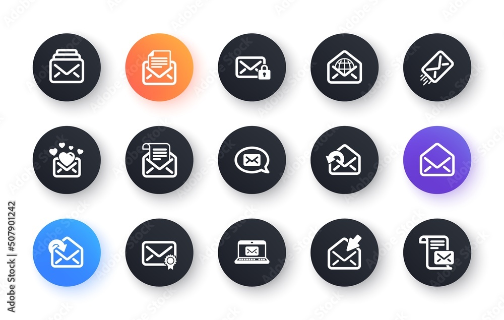 Poster mail message icons. newsletter, e-mail, correspondence. communication classic icon set. circle web b