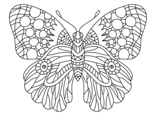 Decorative fantasy butterfly colouring book page for adults vector illustration. Hand-drawn butterfly linear illustration. Big butterfly with ornamental wings - horizontal coloring book page