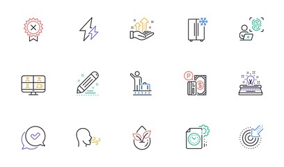 Reject medal, Approved and Analysis graph line icons for website, printing. Collection of Brand contract, Typewriter, Breathing exercise icons. Computer fingerprint, Targeting. Vector