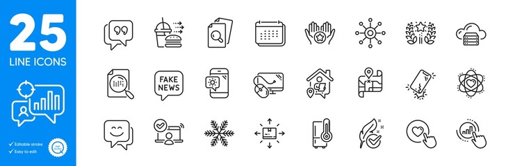 Outline icons set. Weather phone, Online access and Quote bubble icons. Food delivery, Computer mouse, Inspect web elements. Calendar, Work home, Refrigerator signs. Cardboard box. Vector
