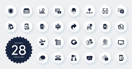 Set of Technology icons, such as Messenger, Interview and Shield flat icons. Car secure, Reload, Station web elements. Loyalty points, Servers, Wifi signs. Chat app, Report timer, Seo phone. Vector