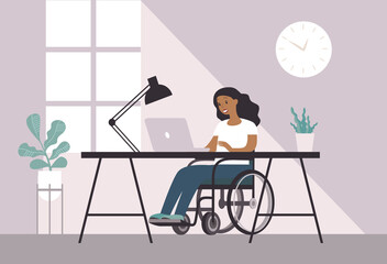 Young woman with disabilities sitting in wheelchair using laptop computer at home - 507902441
