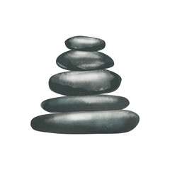 Pyramid of black stones for massage, SPA. Watercolor illustration. Isolated object. For the design and decoration of the spa menu, posters, postcards, souvenirs, banners, booklets, advertising.