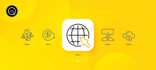 Fototapeta na wymiar Dollar exchange, Interview job and Teamwork question minimal line icons. Yellow abstract background. Internet, Cloud sync icons. For web, application, printing. Vector