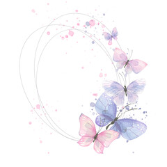 Image of Oval frame with butterflies and splashes of paint. Delicate, airy, watercolor illustration. For the design and decoration of postcards, posters, invitations, souvenirs, weddings, parties. printed on Printed Glass Basin Splashbacks