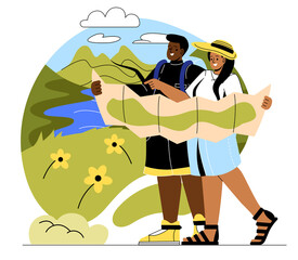Obraz premium Couple camping concept. Young man and woman with hiking backpacks hold map and admire landscape. Outdoor tourism, vacation or trip to mountains. Cartoon flat vector illustration in doodle style