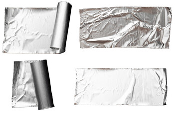 Torn horizontal and different size silver glossy sticky tape, sticky pieces isolated on white background. Set of silver tapes. - 507902855