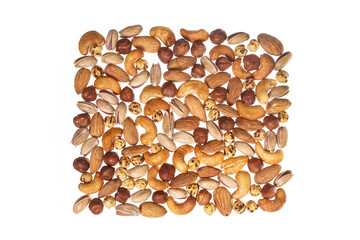 mixed nuts, hazelnuts, peanuts, walnuts, snacks, seeds, chickpeas, cashews on a white background
