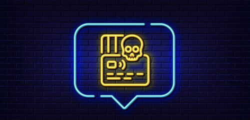 Neon light speech bubble. Cyber attack line icon. Ransomware threat sign. Credit card phishing symbol. Neon light background. Cyber attack glow line. Brick wall banner. Vector