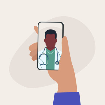 recommend clip art: Holding Smartphone with Video Call with a black man doctor. Modern Health Care Services and Online Telemedicine Concept.