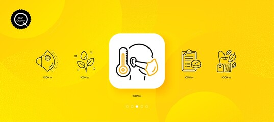 Fototapeta na wymiar Medical mask, Sick man and Medical prescription minimal line icons. Yellow abstract background. Mint bag, Plants watering icons. For web, application, printing. Vector