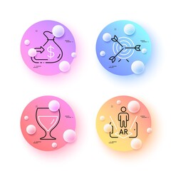 Augmented reality, Wine glass and Cashback minimal line icons. 3d spheres or balls buttons. Target icons. For web, application, printing. Phone simulation, Cabernet wineglass, Money budget. Vector