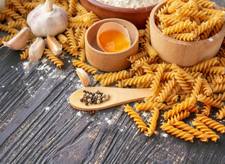 composition of raw Italian Spaghetti pasta Different shapes	
