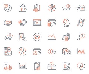 Finance icons set. Included icon as Payment method, Loyalty program and Loyalty gift web elements. Donation, Wallet, Accounting icons. Line chart, Stress, Market web signs. Versatile. Vector