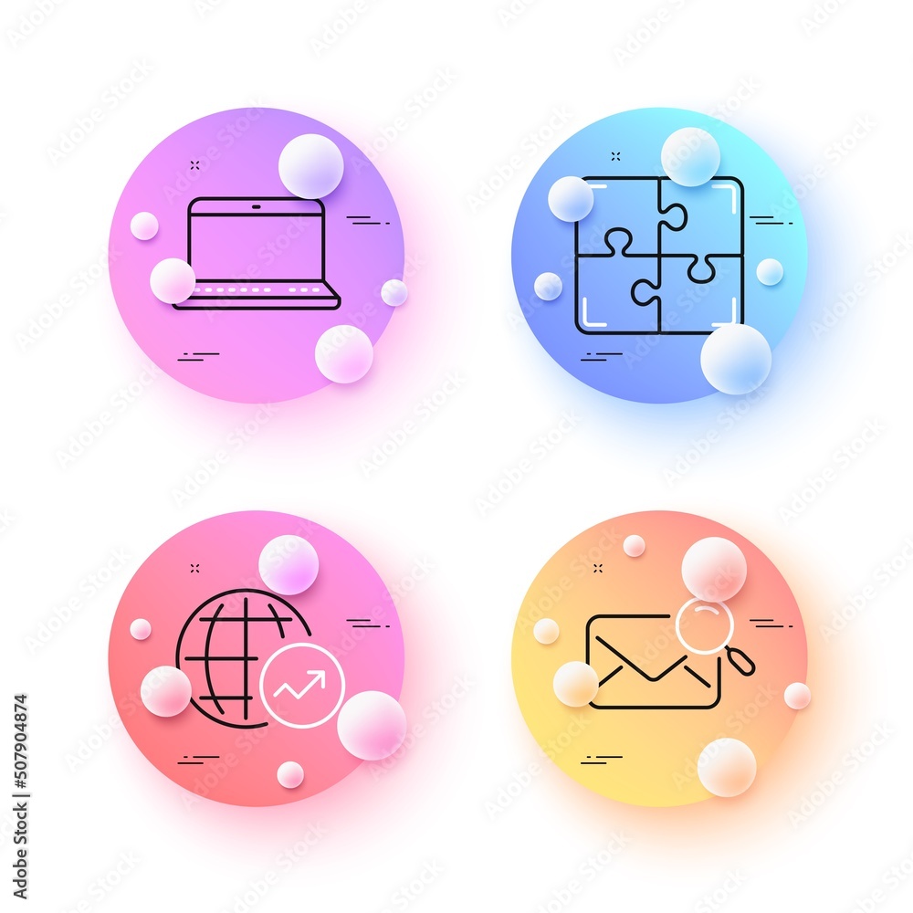 Poster world statistics, search mail and puzzle minimal line icons. 3d spheres or balls buttons. notebook i
