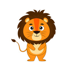 Cartoon cute lion on whute backgroubd. Postcard in children s cartoon style. Vector illustration for design or print