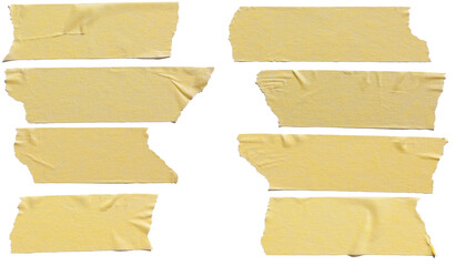 Torn horizontal and different size yellow sticky tape, sticky pieces isolated on white background. Set of yellow tapes. - 507905031