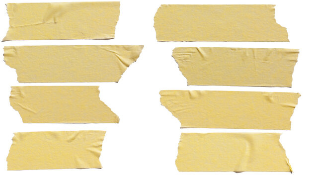 Torn horizontal and different size yellow sticky tape, sticky pieces isolated on white background. Set of yellow tapes.