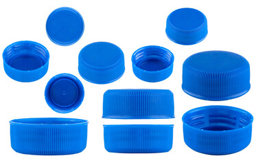 Blue caps for bottles, different sizes. Set of blue caps isolated on a white background.