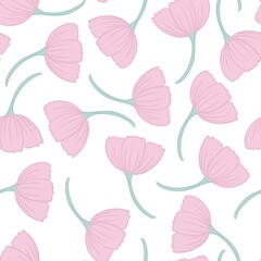 Beautiful pattern of simple pink flowers on a white background, decorative background