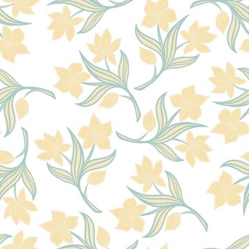 Simple dudu illustrations of twigs with yellow flowers on a white background seamless pattern