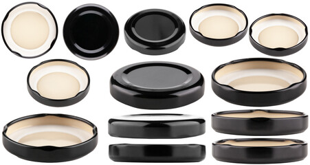 Metal lids for jars. Set of black caps isolated on a white background. - 507905631