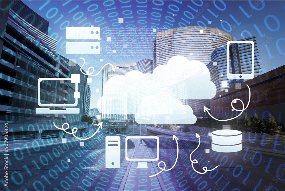 Poster cloud computer and online data storage with tacit intelligent sharing software. concept of smart dig