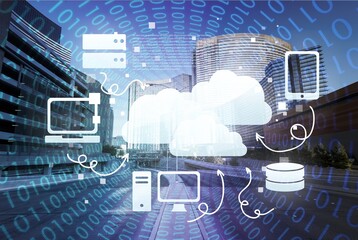 Cloud computer and online data storage with tacit intelligent sharing software. Concept of smart digital transformation and technology