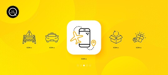 Fototapeta na wymiar Warning road, Return package and Flights application minimal line icons. Yellow abstract background. Taxi, Gift icons. For web, application, printing. Vector