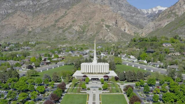 Aerial Drone Tilt Down to the Provo Utah Temple at Day in the Spring