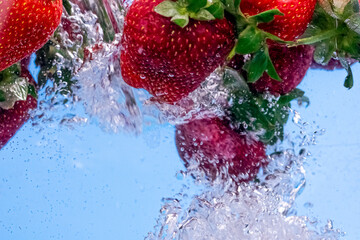 Fresh strawberries dropped into water with water splash and air bubbles on blue background.