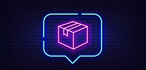 Neon light speech bubble. Shipping box line icon. Logistics delivery sign. Parcels tracking symbol. Neon light background. Parcel glow line. Brick wall banner. Vector