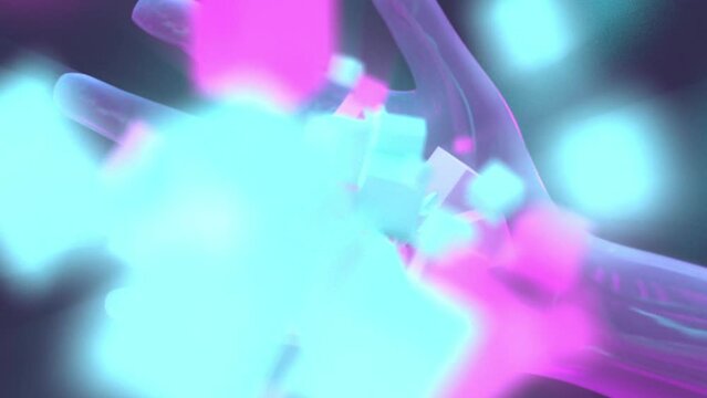 Metaverse brick - 3d generated cyborg opens hand and releases purple and blue virtual reality bricks. Top view. 
360 degree Camera rotation. Cubes represent digital bricks.