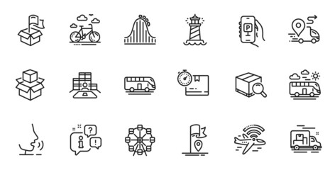 Outline set of Airplane wifi, Delivery and Lighthouse line icons for web application. Talk, information, delivery truck outline icon. Include Parking app, Delivery location, Bike rental icons. Vector
