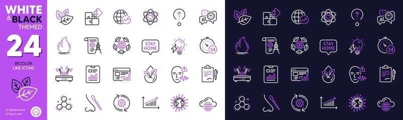 Chemistry molecule, Cloud computing and Chart line icons for website, printing. Collection of Cogwheel, Nasal test, Swipe up icons. Time management, Clipboard, Coronavirus web elements. Vector