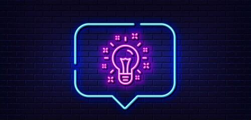 Neon light speech bubble. Idea line icon. Light bulb or Lamp sign. Creativity, Solution or Thinking symbol. Neon light background. Idea glow line. Brick wall banner. Vector