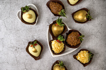 Fototapeta na wymiar Food banner with chocolate strawberries. Place for text.Flat lay