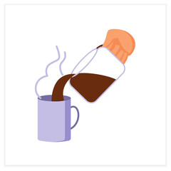  Hot drink flat icon. Pour hot steam coffee into an empty cup.Cafeteria. Tea and coffee preparation concept. Color vector illustration