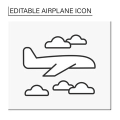  Transport line icon. Plane between clouds. Fast passenger transportation. Airplane concept. Isolated vector illustration. Editable stroke